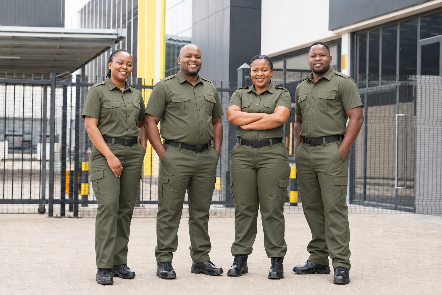 A professional team of uniformed security officers at a commercial facility