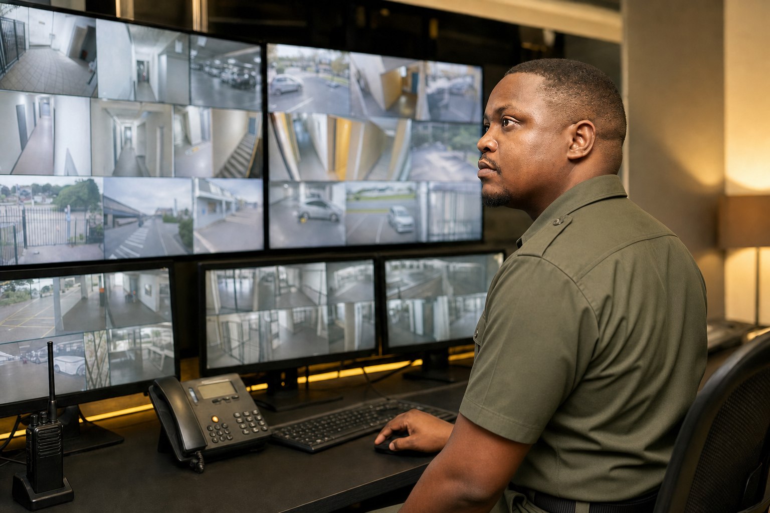 Security officer monitoring CCTV screens in a control room